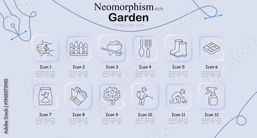 Garden set icon. Planting hand, fence, wheelbarrow, tools, boots, path, soil bag, gloves, tree, sprayer, gardener, landscaping, agriculture, outdoor work, nature care