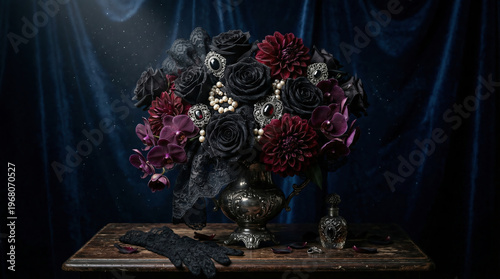 Gothic Floral Arrangement with Black Roses, Orchids, and Vintage Pearls in Silver Vase on Dark Velvet Background