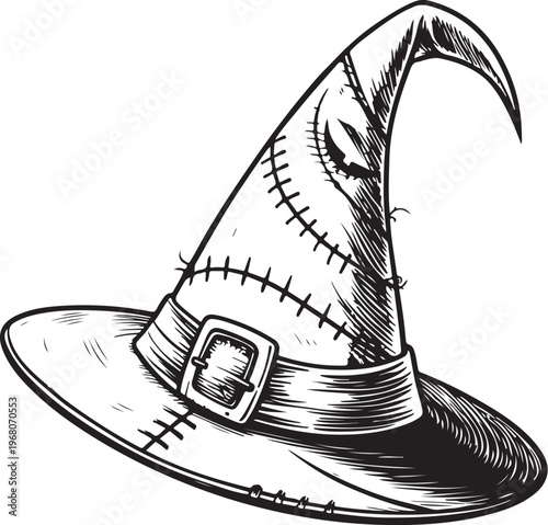 Old Witch Hat Hand-drawn Sketch Drawing Vector Illustration, Line Linear Symbol Black and White Engraving, Isolated
