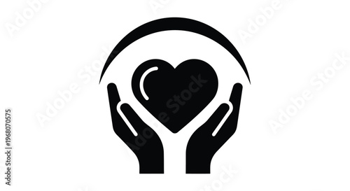 A stylized vector graphic illustration depicting cupped hands gently holding a solid black heart, symbolizing love, care, protection, support, and generosity within a thoughtful design concept.