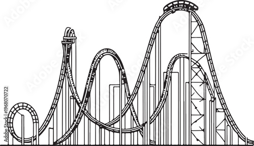 Amusement Park Roller coaster Hand-drawn Sketch Drawing Vector Illustration, Line Linear Symbol Black and White Engraving, Isolated