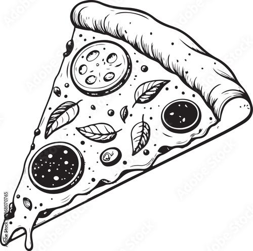 Slice of Italian Pizza Hand-drawn Sketch Drawing Vector Illustration, Line Linear Symbol Black and White Engraving, Isolated