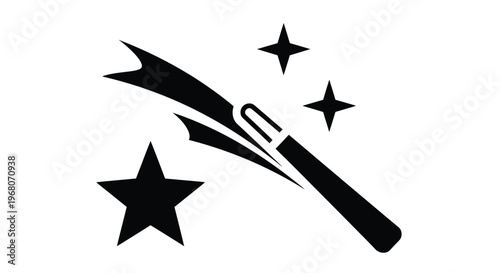 A captivating black and white vector graphic illustration depicting a stylized magic wand casting a spell with sparkling stars, perfect for enchantment and fantasy design projects.