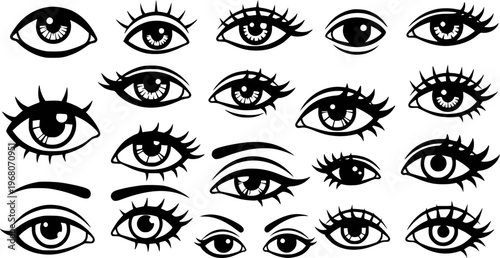 Collection of Black and White Stylized Eyes with Lashes and Eyebrows White Background