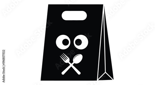 Minimalist vector graphic illustration of a black takeaway food delivery bag design featuring a whimsical, hungry face created with large white circular eyes and crossed cutlery.