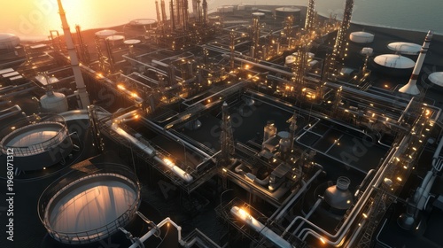 Aerial View of Modern Oil Refinery at Sunset with Industrial Lighting