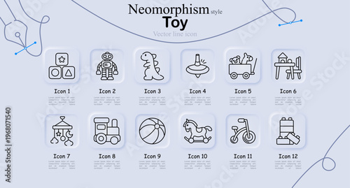 Toy set icon. Blocks, robot figure, dinosaur toy, spinning top, wagon cart, table play, crib mobile, train toy, ball, rocking horse, scooter, construction bricks line icons