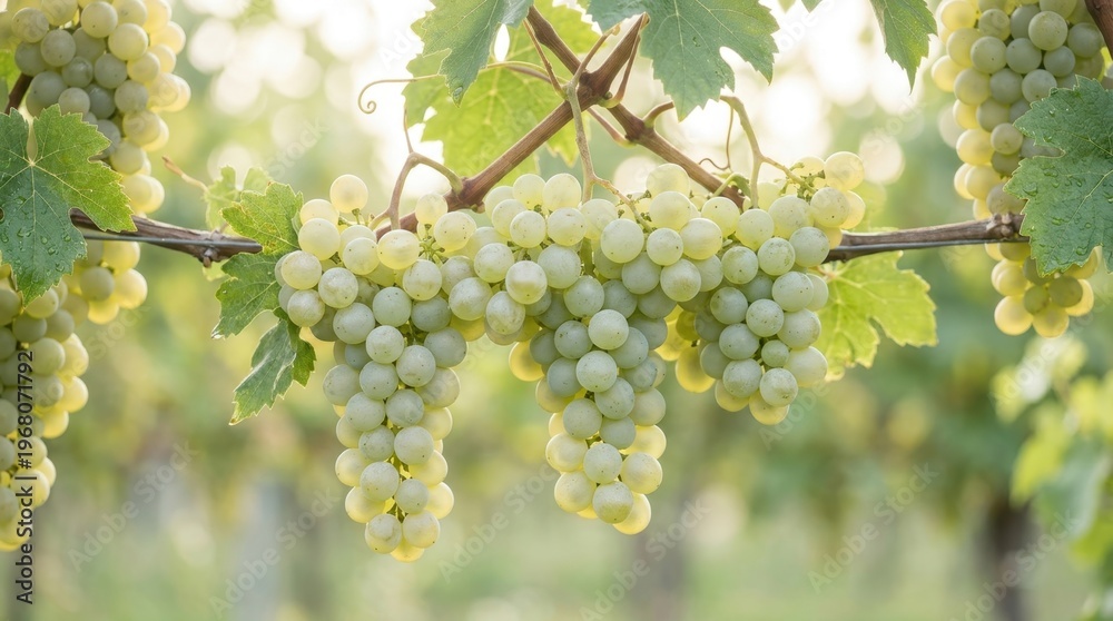 Fototapeta premium Clusters of Ripe Green Grapes Hanging from a Vine in a Vineyard