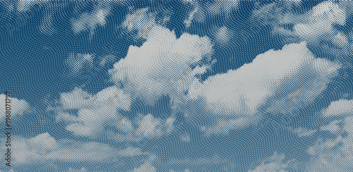 Abstract vector vintage engraving clouds with blue woodcut texture. Stylized sky with curved hatching lines and retro organic dither pattern.