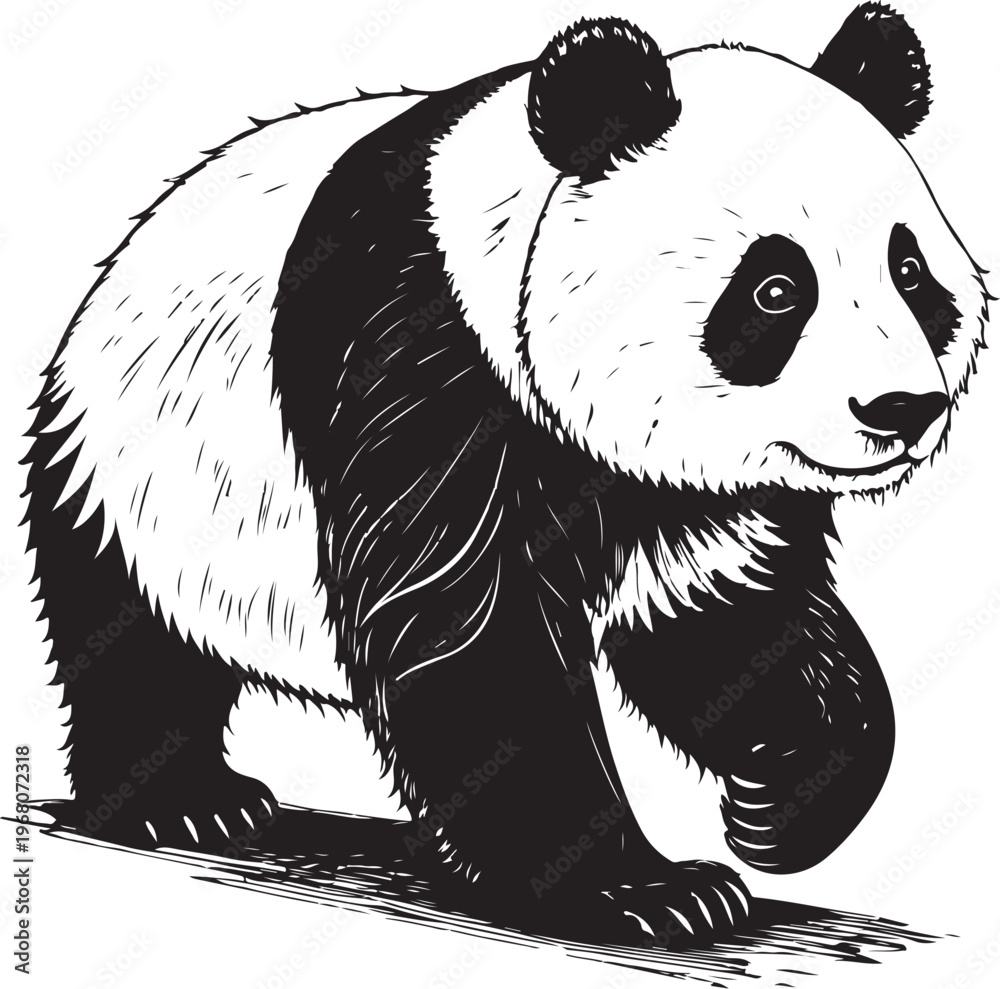 Obraz premium Panda Bear Walking Hand-drawn Sketch Drawing Vector Illustration, Line Linear Symbol Black and White Engraving, Isolated