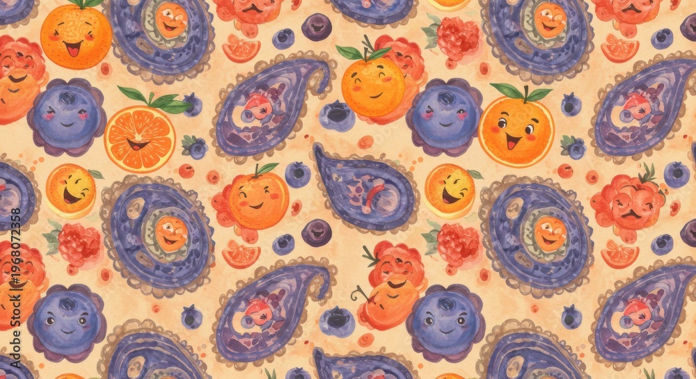 Naklejka premium Whimsical Fruit Faces A Pattern of Playful Oranges Berries Paisley