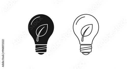 Eco friendly light bulb icons, green energy symbols, leaf inside bulbs, eco-conscious vector graphics