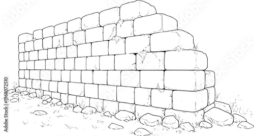 Ancient Stone Wall Construction with Rough Blocks and Grass White Background