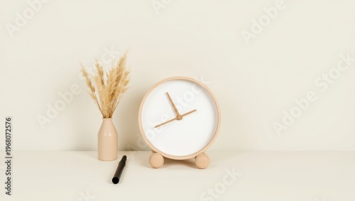 Minimalist clock with wheat arrangement and stylish pen on a neutral background