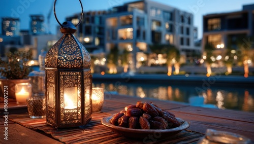 Lanterns and Dates on a Dock at Dusk.