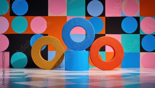 Colorful 3D Shapes on Geometric Background.