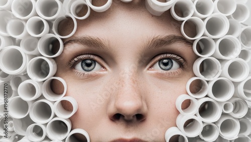 Woman with PVC Pipes around Face Closeup.