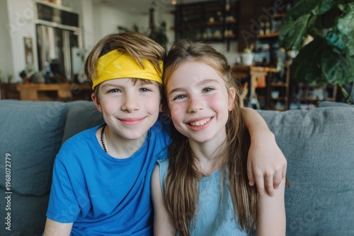 Happy Children Sitting Together on Sofa.
