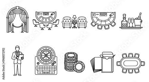 A collection of simple line art icons representing casino and gambling elements like roulette, poker chips, playing cards, and a dealer, set against a white background for versatile use.