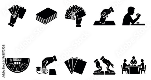 A collection of stylized black icons representing various aspects of gambling and card games, including hands holding cards, chips, and people playing at a table.