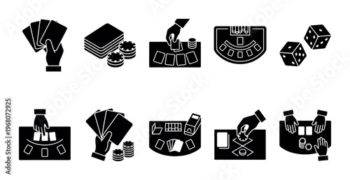 A collection of black and white vector icons depicting various casino games and elements, including playing cards, dice, and poker chips.