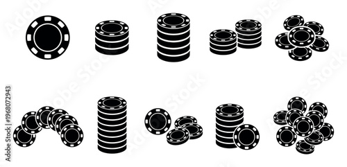 A collection of black and white poker chip icons are presented in various arrangements, including single chips, stacks, and scattered piles on a white background.
