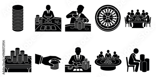 A collection of black and white icons depicting various casino gambling scenes, including poker, roulette, and stacks of chips, representing risk and fortune.