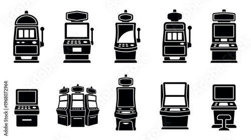Collection of diverse black silhouette icons representing various slot machines, symbolizing casino entertainment, gambling, and luck.