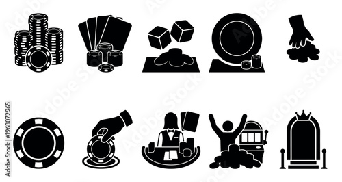 This is a collection of black and white vector icons depicting various elements of casino gambling, including chips, cards, dice, and a roulette wheel.