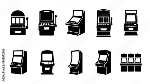 A collection of black vector icons representing various types of slot machines, perfect for casino, gaming, or entertainment-related designs.