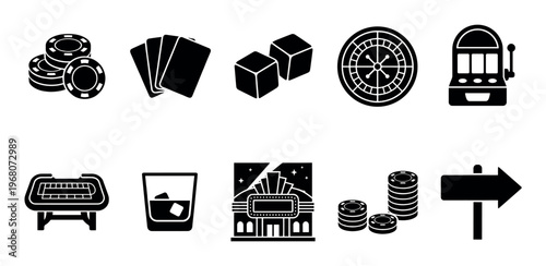 Collection of black casino gambling game icons including chips, cards, dice, roulette, slot machine, table, drink, and sign, on a white background.
