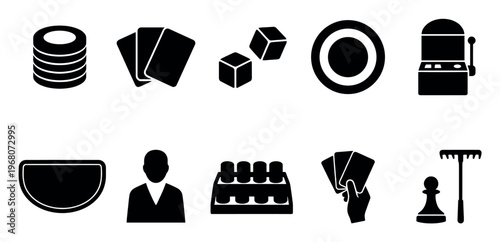 Collection of black and white icons representing various casino and gambling elements like chips, cards, dice, slot machine, and pawn.