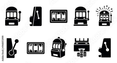 A collection of black icons representing various slot machines, featuring different styles and symbols like coins and winning stars.
