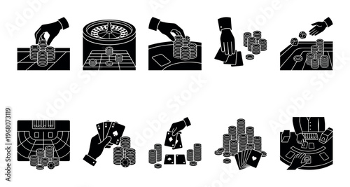 A collection of monochrome vector icons depicting various casino games and gambling activities, including poker, roulette, and dice.