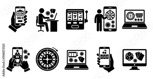 A collection of black and white icons illustrating various forms of online casino gambling, including slot machines, roulette, and card games on digital devices.
