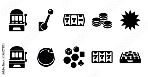 A collection of black casino and gambling icons including slot machines, lucky sevens, coins, dice, and a lever, presented on a white background.
