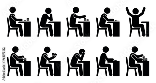 A collection of black silhouette icon figures playing poker at tables, displaying emotions from winning to losing, on a white background.