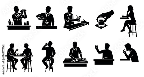 A set of black and white silhouette icons depicting various bar activities including bartending, serving drinks, and patrons enjoying beverages.