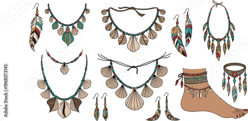 Bohemian Jewelry Set with Feather Necklaces, Earrings, and Anklet for Fashion Lovers and Tribal Style Accessories