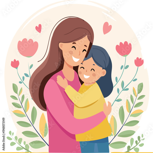 A joyful moment captured as a loving mother tenderly hugs her cherished child, surrounded by delicate blossoms and cheerful hearts, embodying familial affection and warmth and strong bonds