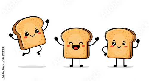 Happy cartoon toast slices jumping and dancing with excitement, isolated on a white background, representing joy and fun food moments