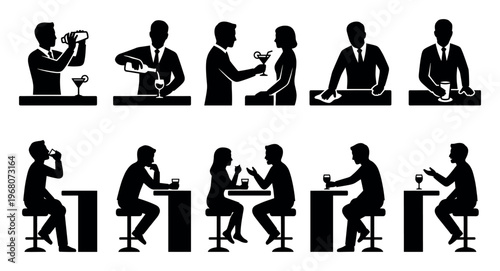 This black and white graphic displays multiple silhouettes of people interacting and drinking at a bar, ideal for illustrating social events and hospitality.
