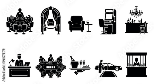 A collection of silhouette icons representing various aspects of a casino, including gaming tables, bar, and VIP lounge.