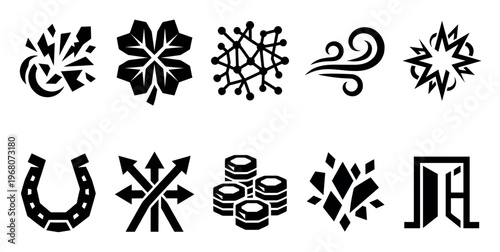 A collection of ten distinct black graphic icons and symbols arranged in two rows on a white background, representing various concepts like luck, direction, and power.