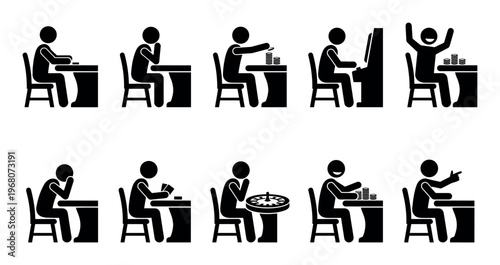 A collection of black and white stick figure icons depicting various casino activities like gambling, playing cards, and slot machines, representing luck and entertainment.