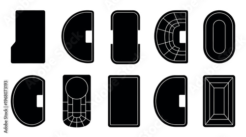 Collection of black and white silhouette icons representing various stadium and track designs, offering versatile design elements for sports or architectural concepts.