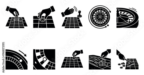 A collection of black and white iconographic illustrations depicting various casino games and actions like placing bets, spinning roulette wheels, and handling chips.