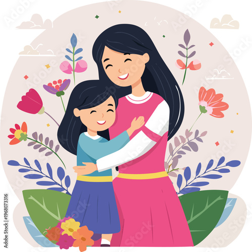 Beautiful illustration of a mother and daughter embracing, surrounded by floral elements, celebrating love and family bonds