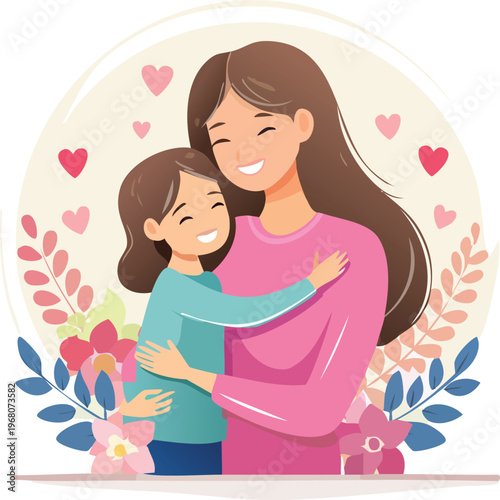 A loving mother and daughter share a tender embrace, surrounded by hearts and flowers, symbolizing unconditional love and family bonds