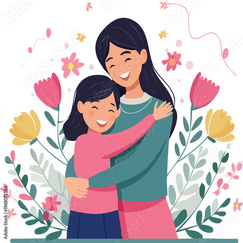 A loving mother embraces her happy daughter surrounded by blooming flowers, symbolizing the beautiful bond of family and unconditional love